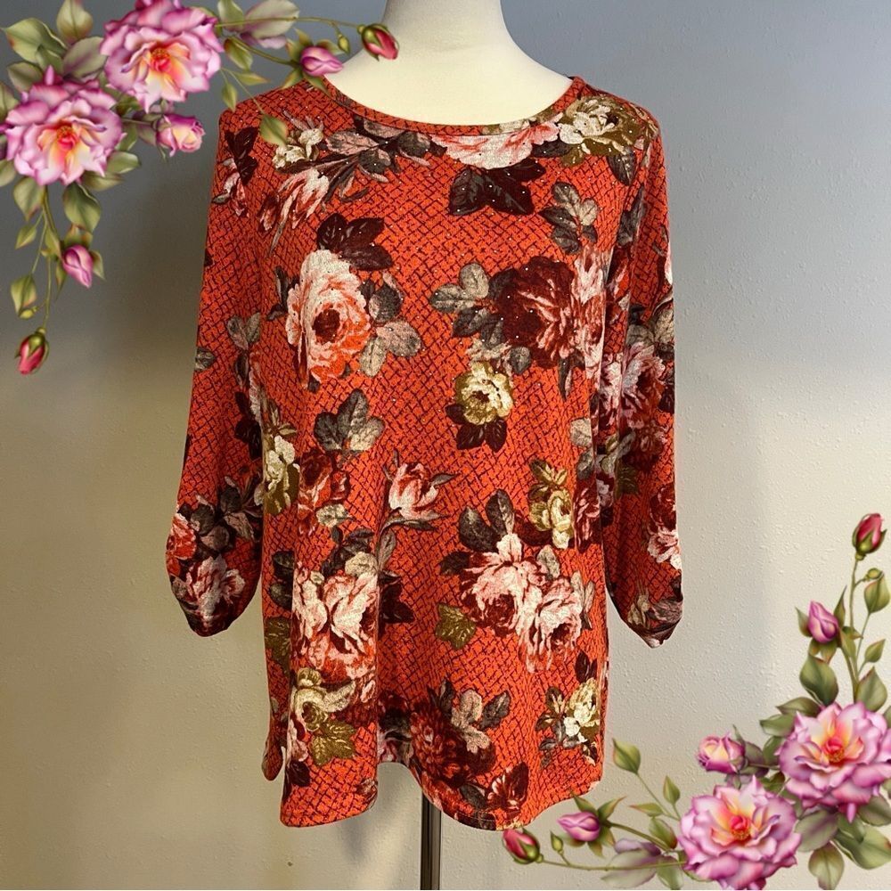 Floral long sleeve‎ boat neckline sweater size Medium